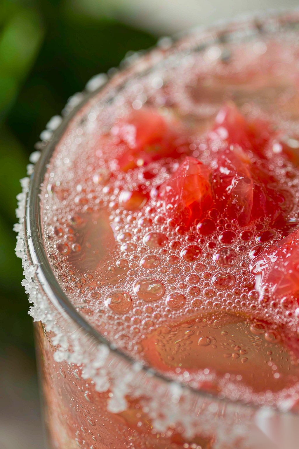 Kung Fu grapefruit sea salt soda close-up showing fine bubbles, sea salt rim and ruby grapefruit pulp