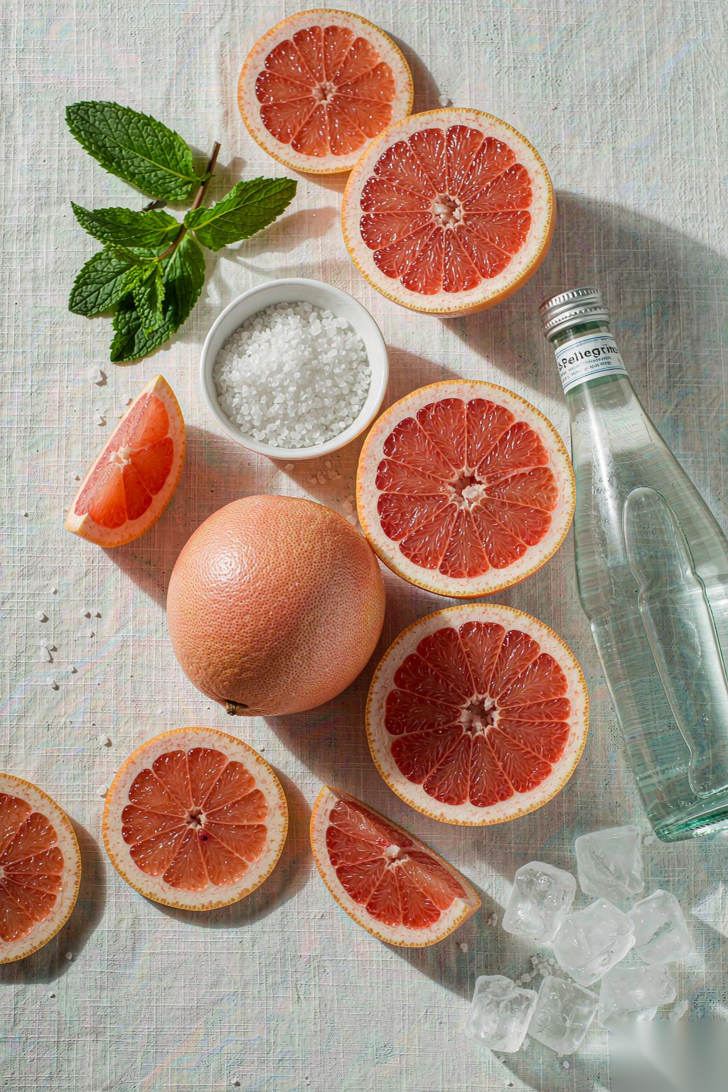 Grapefruit sea salt soda ingredients — fresh grapefruits, sea salt, sparkling water and mint
