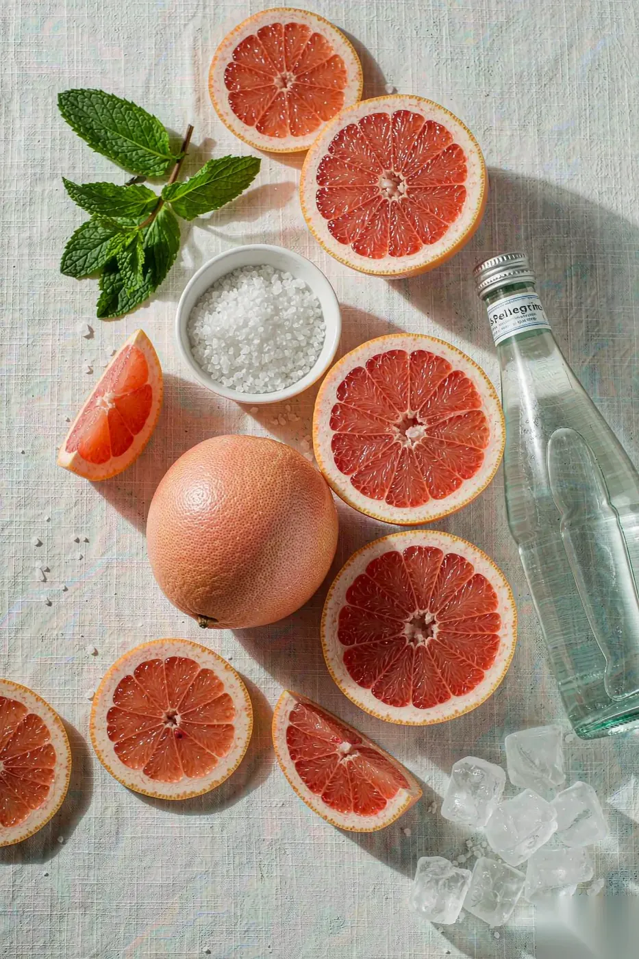Grapefruit sea salt soda ingredients — fresh grapefruits, sea salt, sparkling water and mint