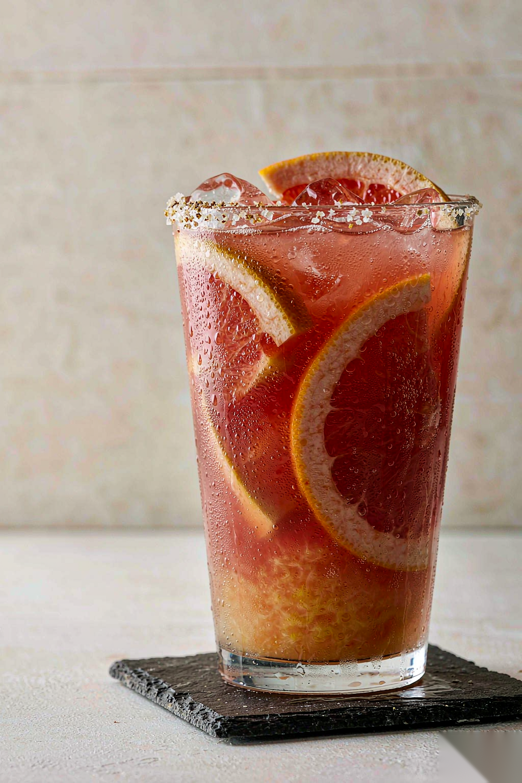 Kung Fu grapefruit sea salt soda — a tall chilled glass with ruby grapefruit slices, ice and fine bubbles, sea salt rim