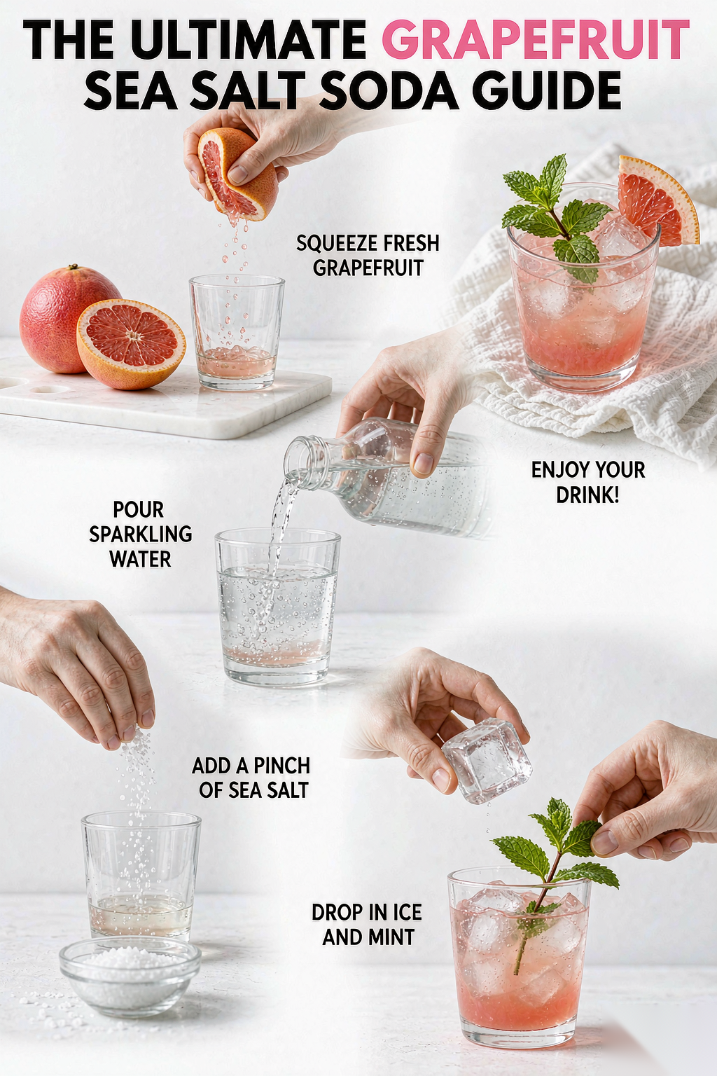Step-by-step grapefruit sea salt soda guide: squeeze fresh grapefruit, pour sparkling water, add sea salt, drop in ice and mint, stir, enjoy