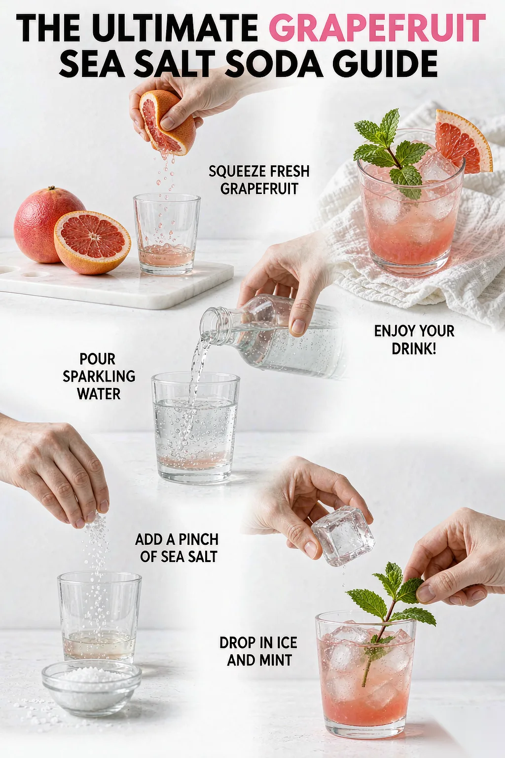 Step-by-step grapefruit sea salt soda guide: squeeze fresh grapefruit, pour sparkling water, add sea salt, drop in ice and mint, stir, enjoy