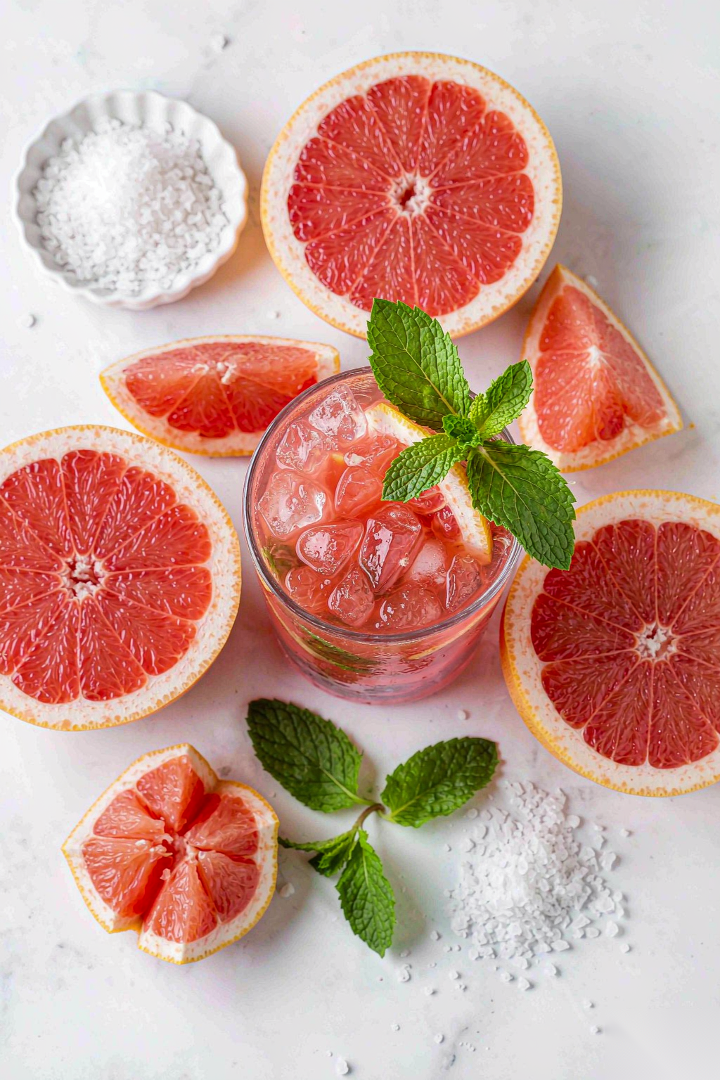Kung Fu grapefruit sea salt soda flat lay with halved pink grapefruits, sea salt flakes and mint