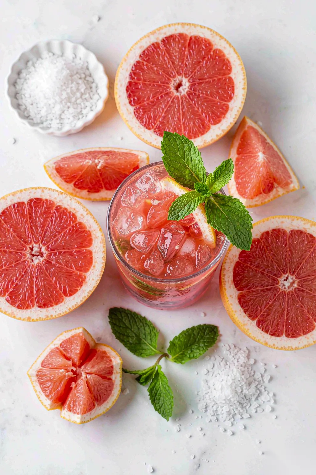Kung Fu grapefruit sea salt soda flat lay with halved pink grapefruits, sea salt flakes and mint