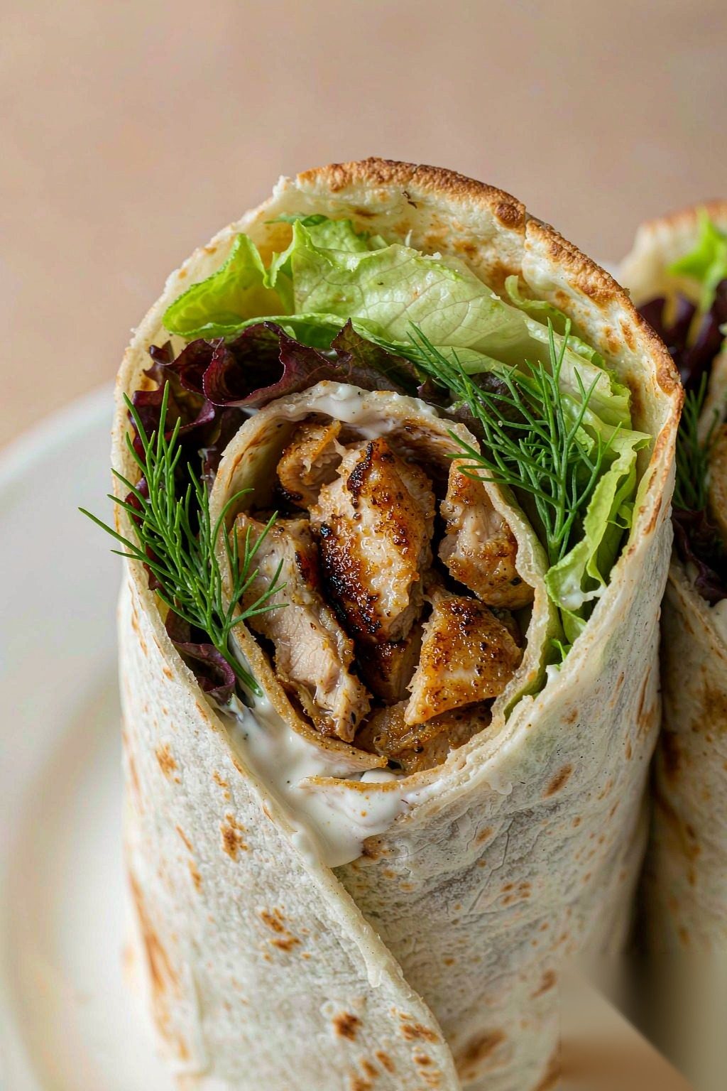 Macro of Grilled Chicken Power Wrap cross-section showing distinct layers of chicken, greens and sauce