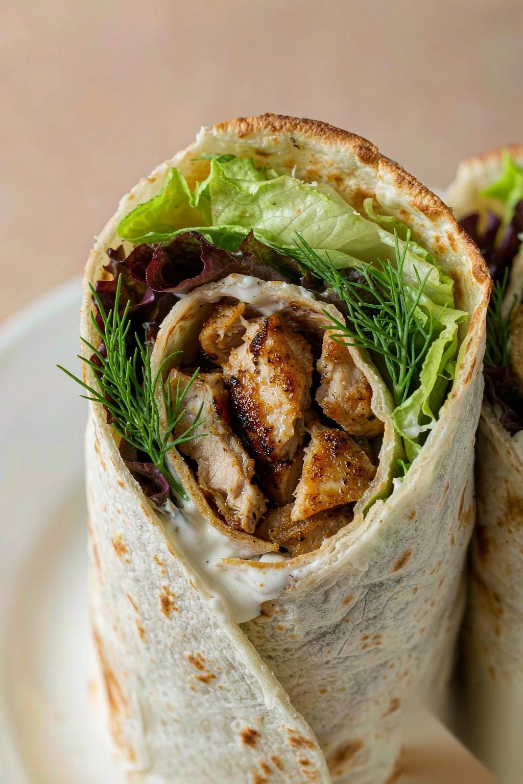 Macro of Grilled Chicken Power Wrap cross-section showing distinct layers of chicken, greens and sauce