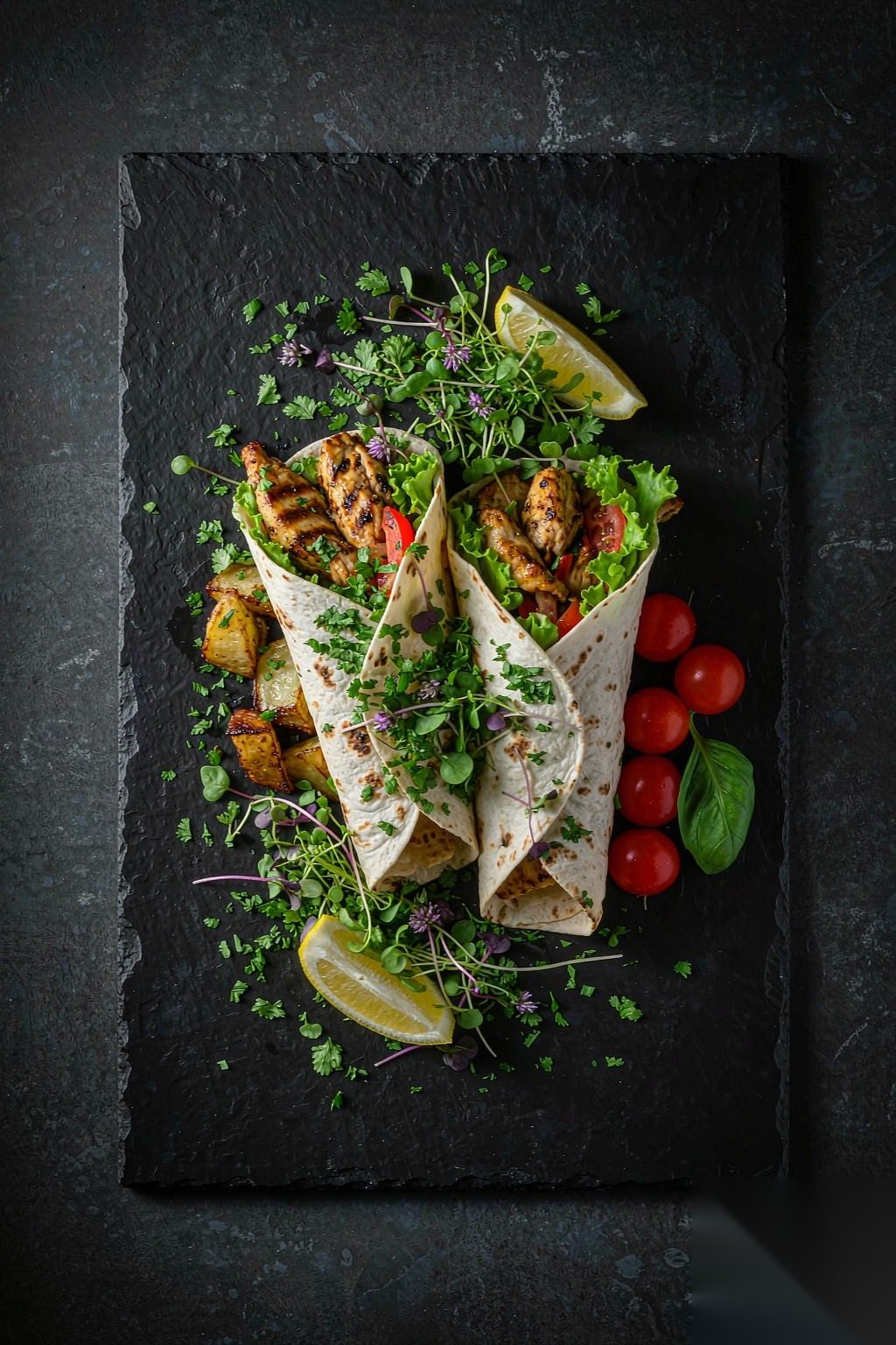 Top-down view of Grilled Chicken Power Wraps on dark slate board with herb garnish
