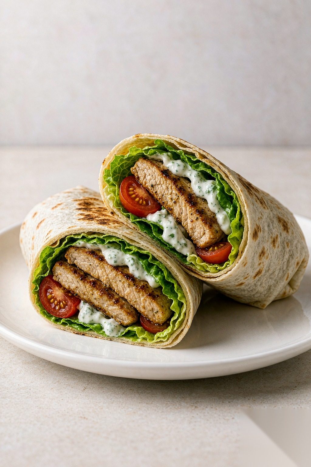 Kung Fu Grilled Chicken Power Wrap — high-protein low-carb wrap with grilled chicken, romaine, avocado and Greek yogurt sauce