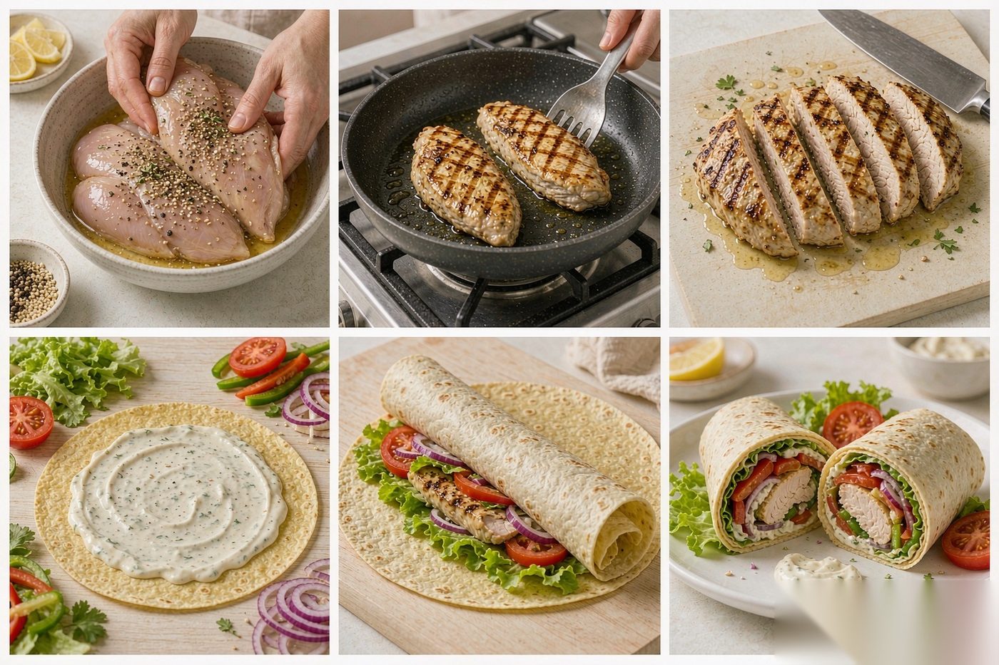 How Grilled Chicken Power Wrap is made — six step process from seasoning to serving