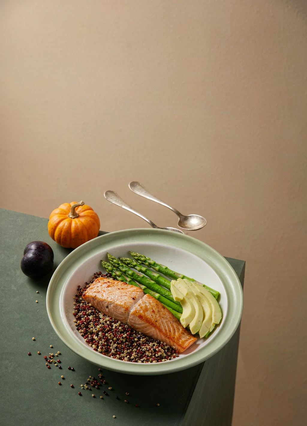 Salmon Quinoa Bowl — seared salmon over tri-color quinoa