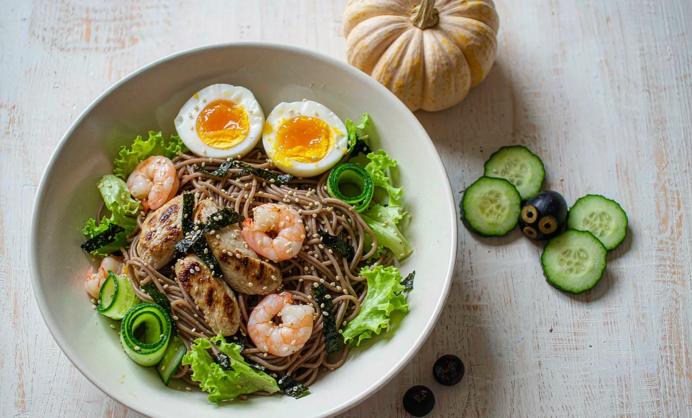 Healthy Halloween platter: cucumber spider snack, buckwheat soba noodle salad and a mini pumpkin on a light wooden table