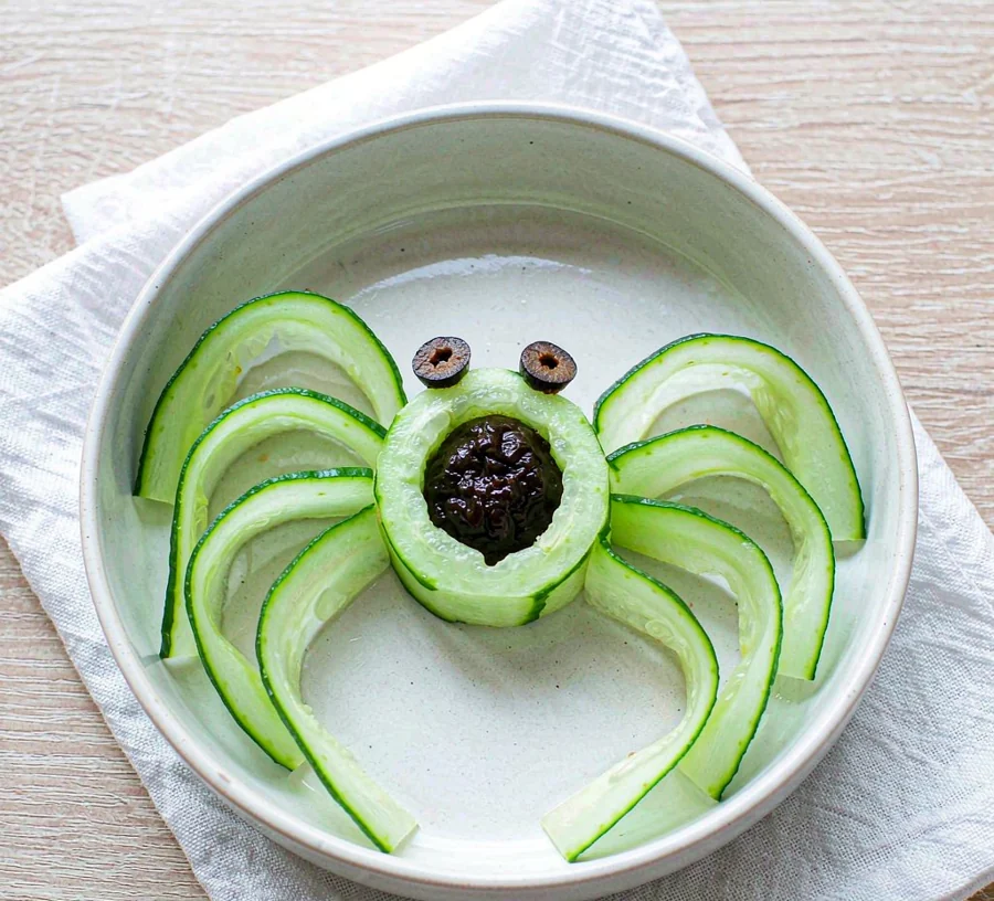 Cute cucumber spider snack on a pale plate