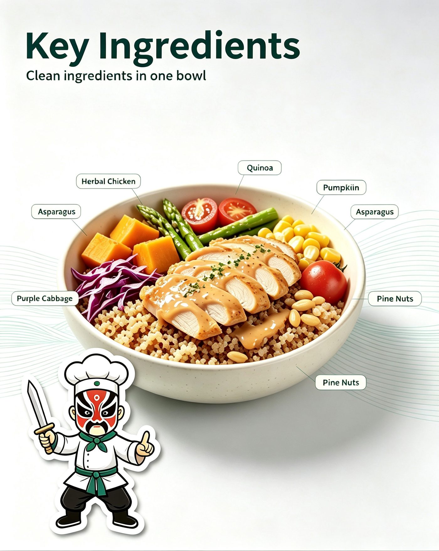 Nutrition highlights of Herbal Braised Chicken Quinoa Bowl with tags