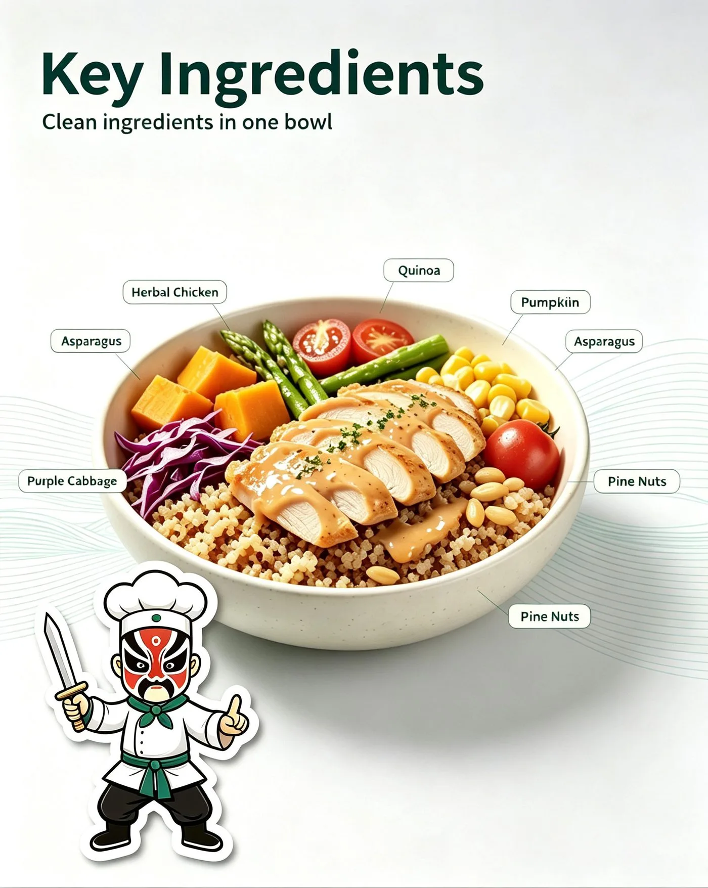 Nutrition highlights of Herbal Braised Chicken Quinoa Bowl with tags