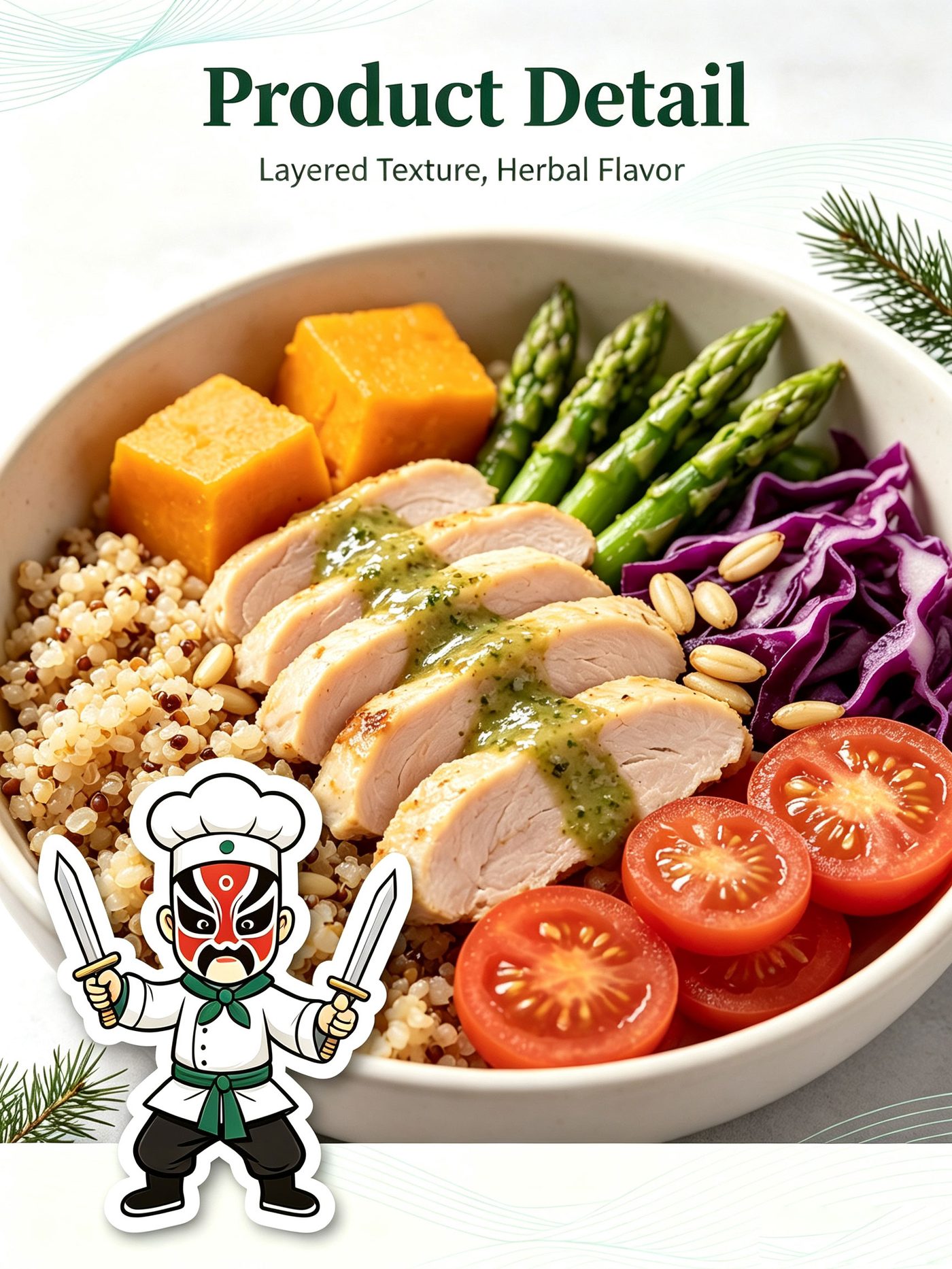 Key ingredients grid of Herbal Braised Chicken Quinoa Bowl components