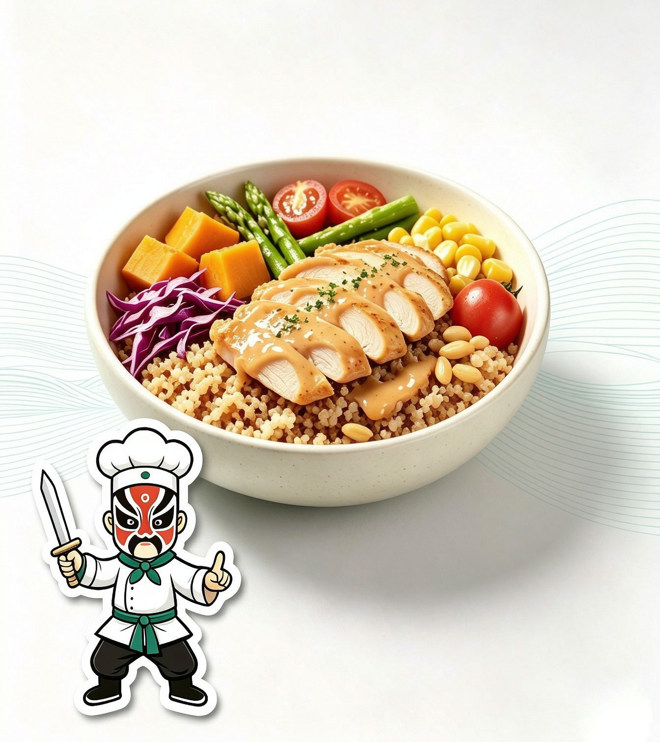 Kung Fu Hengshan Herbal Braised Chicken Quinoa Bowl — dual high-protein lean chicken quinoa fitness meal with roasted vegetables