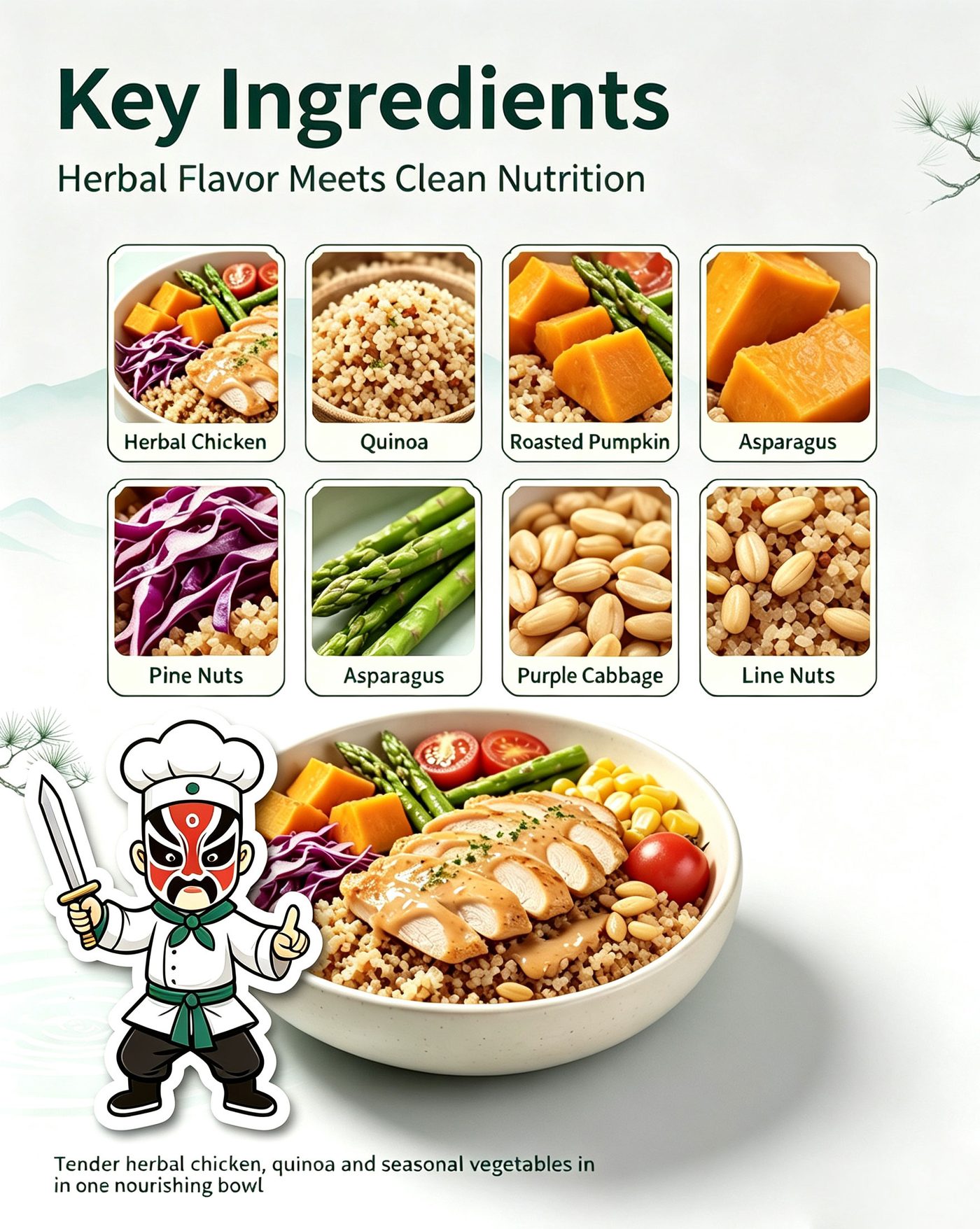 Making Herbal Braised Chicken Quinoa Bowl — six step preparation process infographic