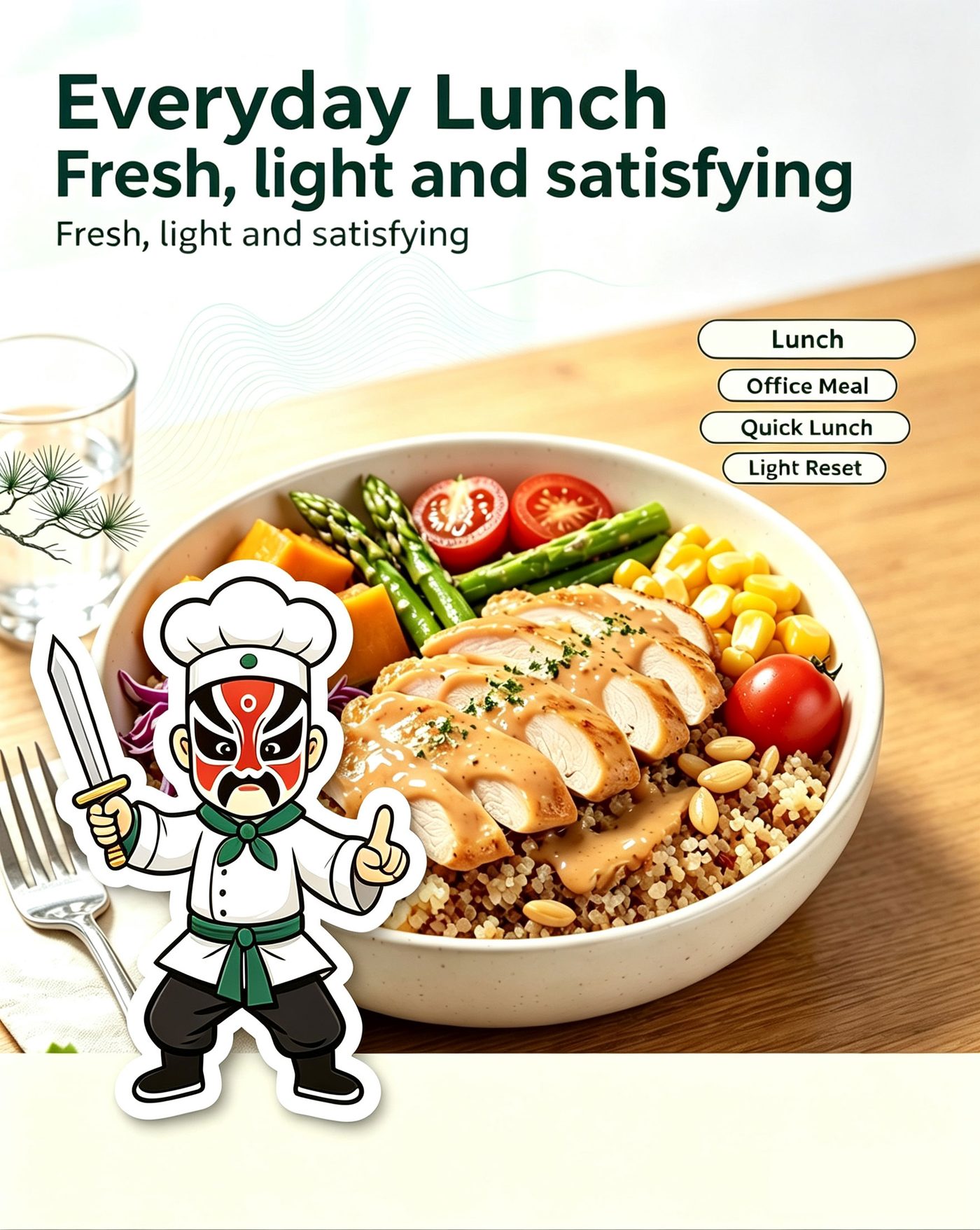 Herbal Braised Chicken Quinoa Bowl flat lay showing fresh ingredients and balanced nutrition