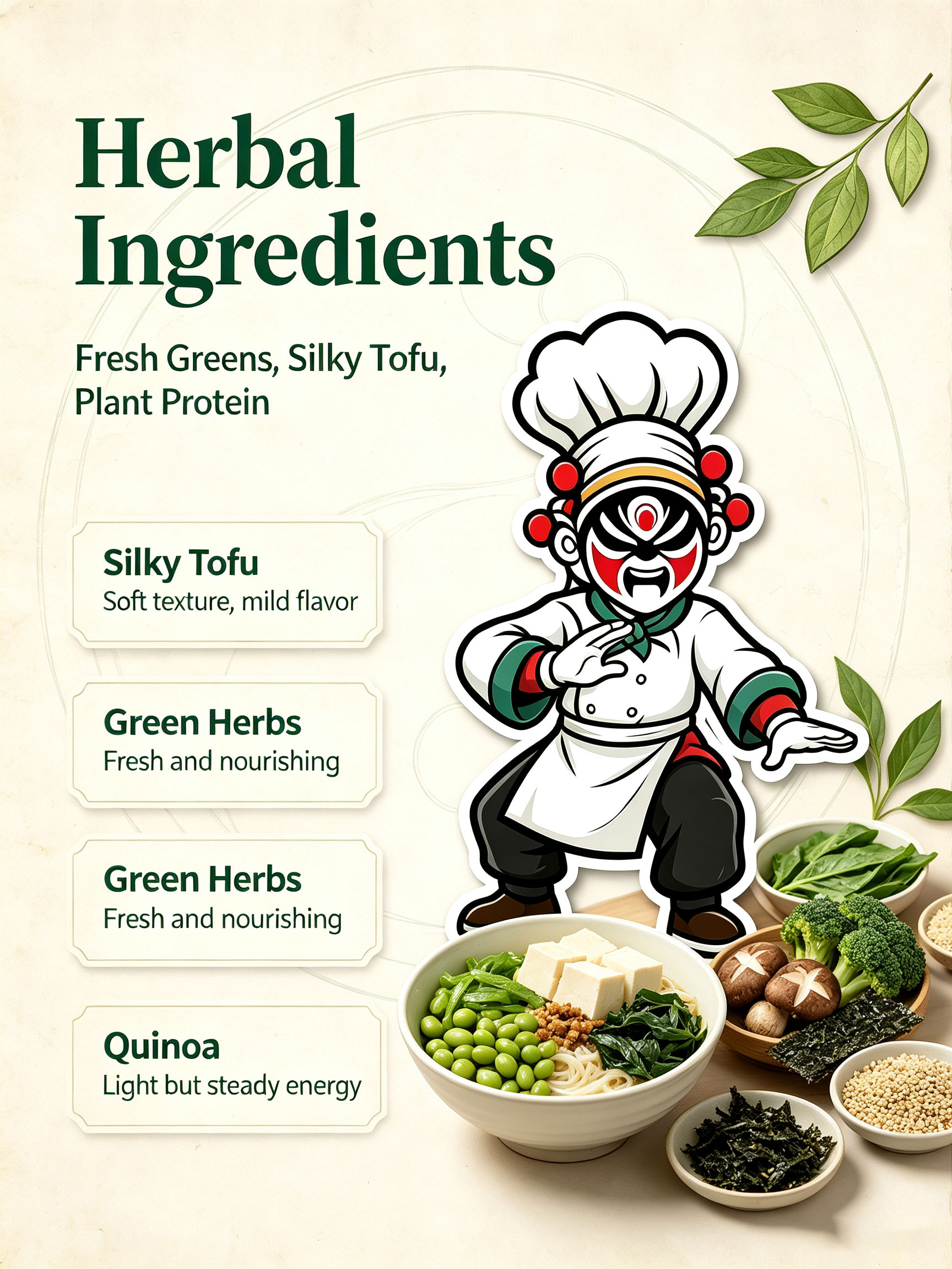 Silky Tofu Gentle Power — close-up of tofu cubes with edamame, quinoa, spinach, broccoli, carrots and shiitake mushrooms
