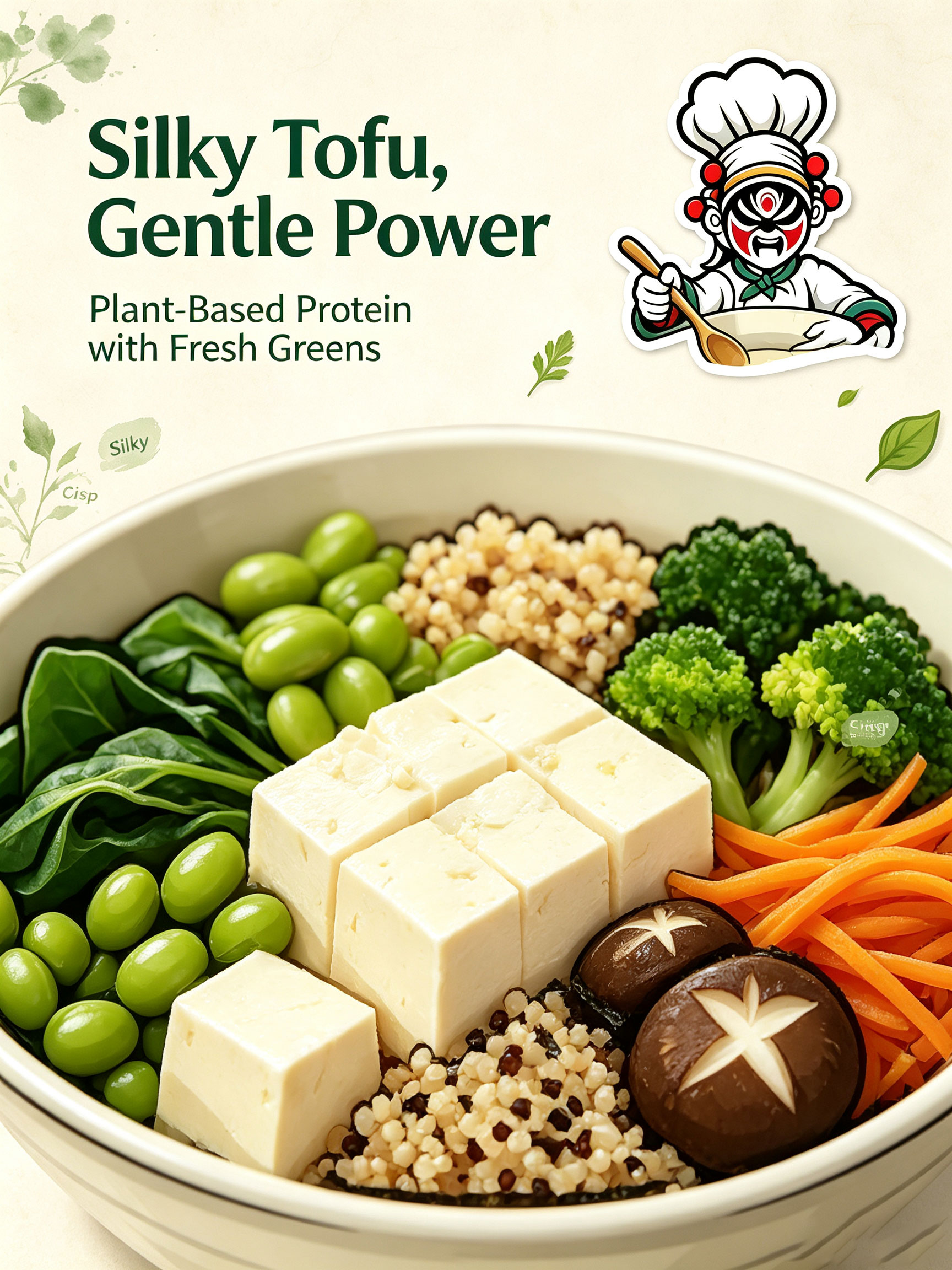 Herbal Ingredients showcase — Silky Tofu, Green Herbs, Quinoa with fresh produce arranged around the bowl