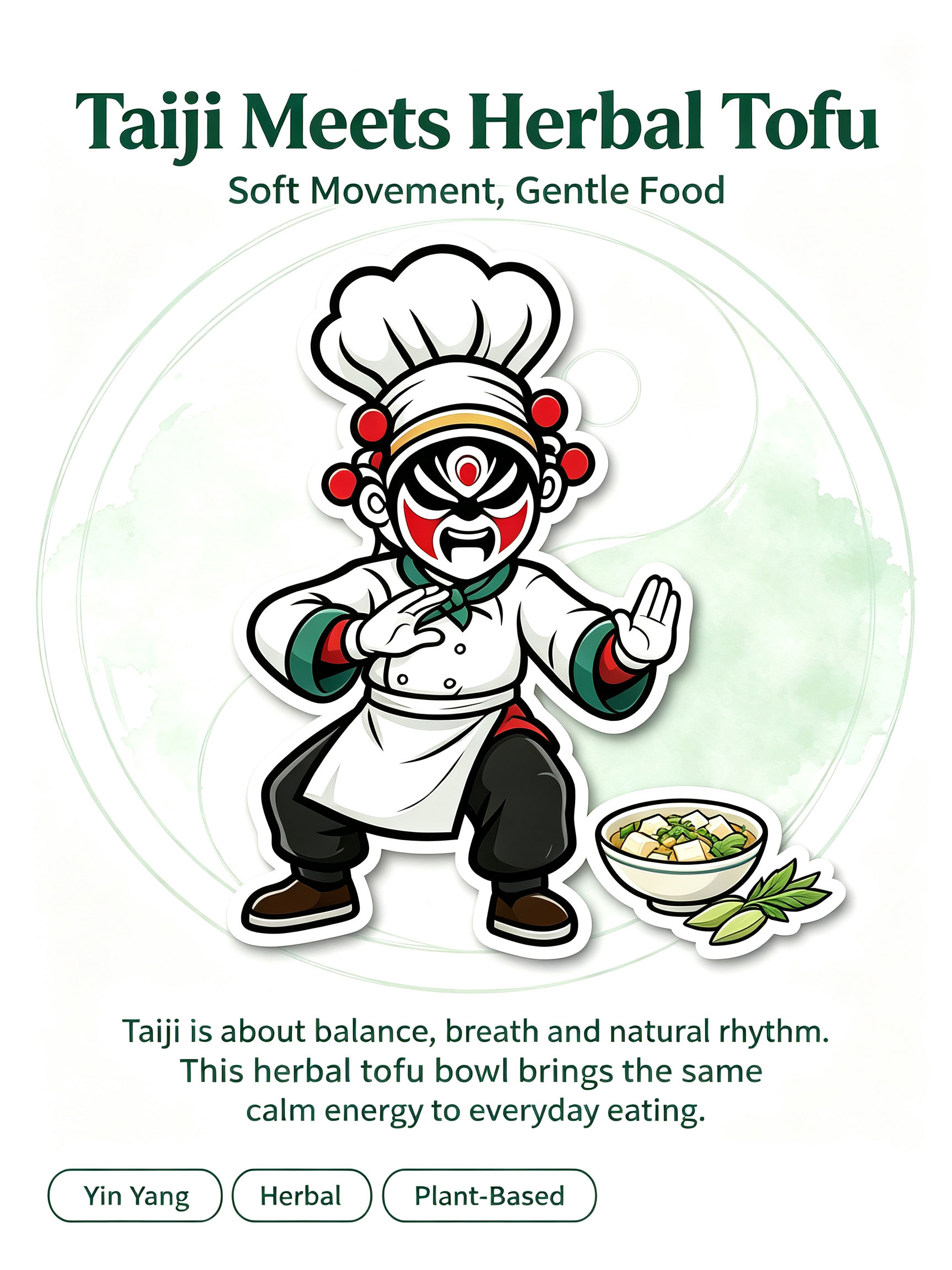 Taiji Meets Herbal Tofu — martial arts character in Taiji pose with Yin Yang, Herbal, Plant-Based tags