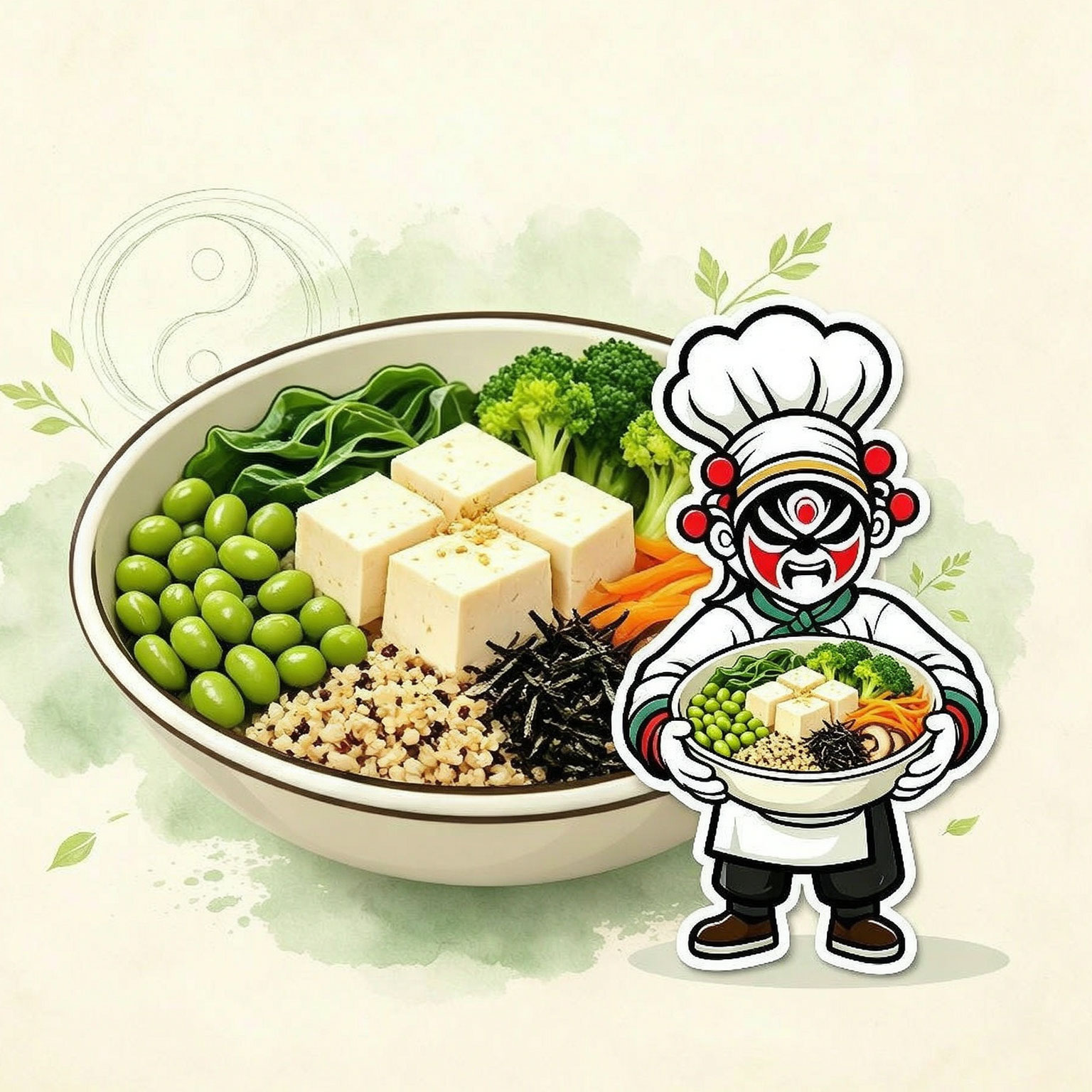 Taiji Herbal Tofu Bowl — silky tofu cubes on quinoa with edamame, spinach, broccoli, carrots, shiitake mushrooms and seaweed in a martial arts chef presentation