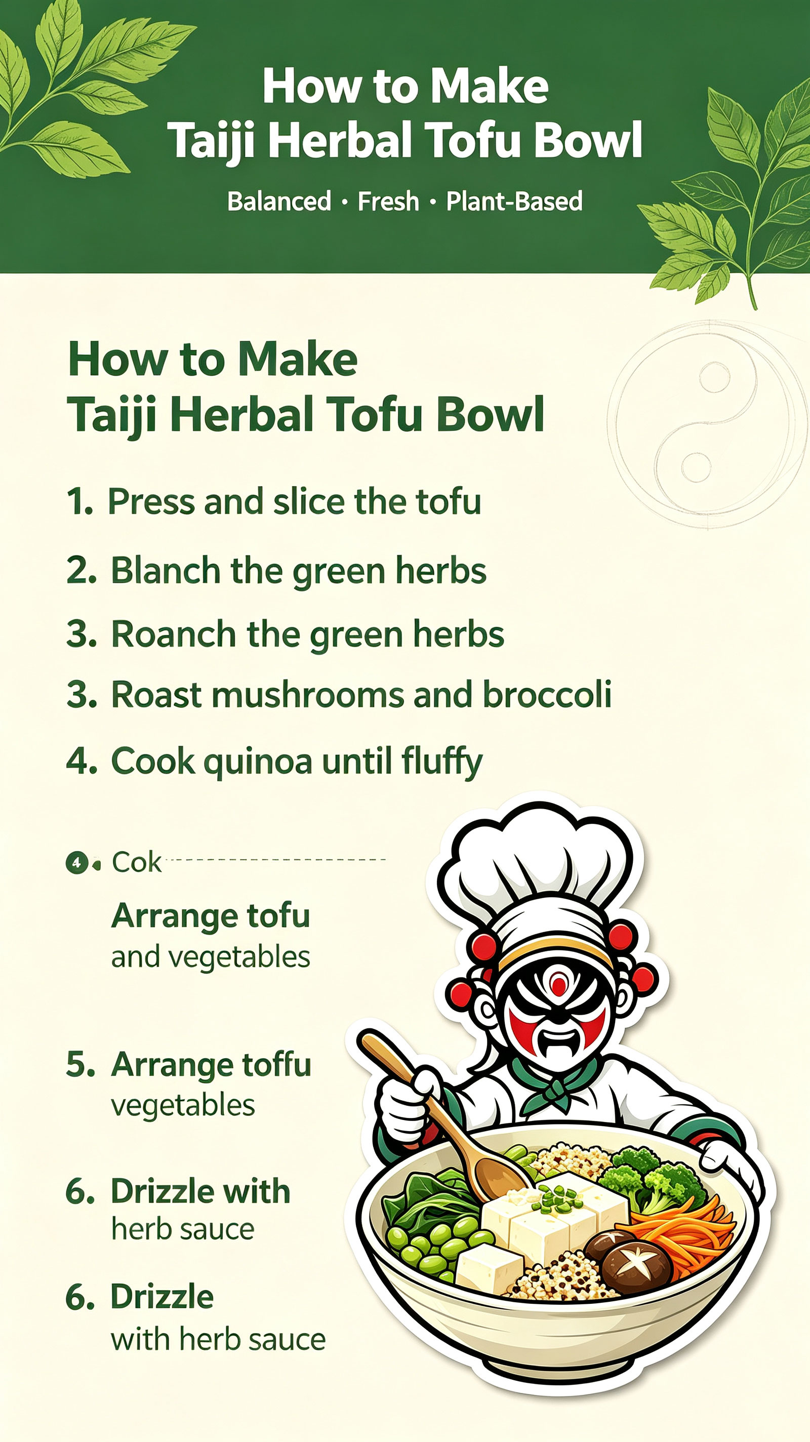 Step-by-step preparation of Taiji Herbal Tofu Bowl — pressing tofu, blanching greens, roasting vegetables, cooking quinoa, arranging bowl, drizzling herb sauce