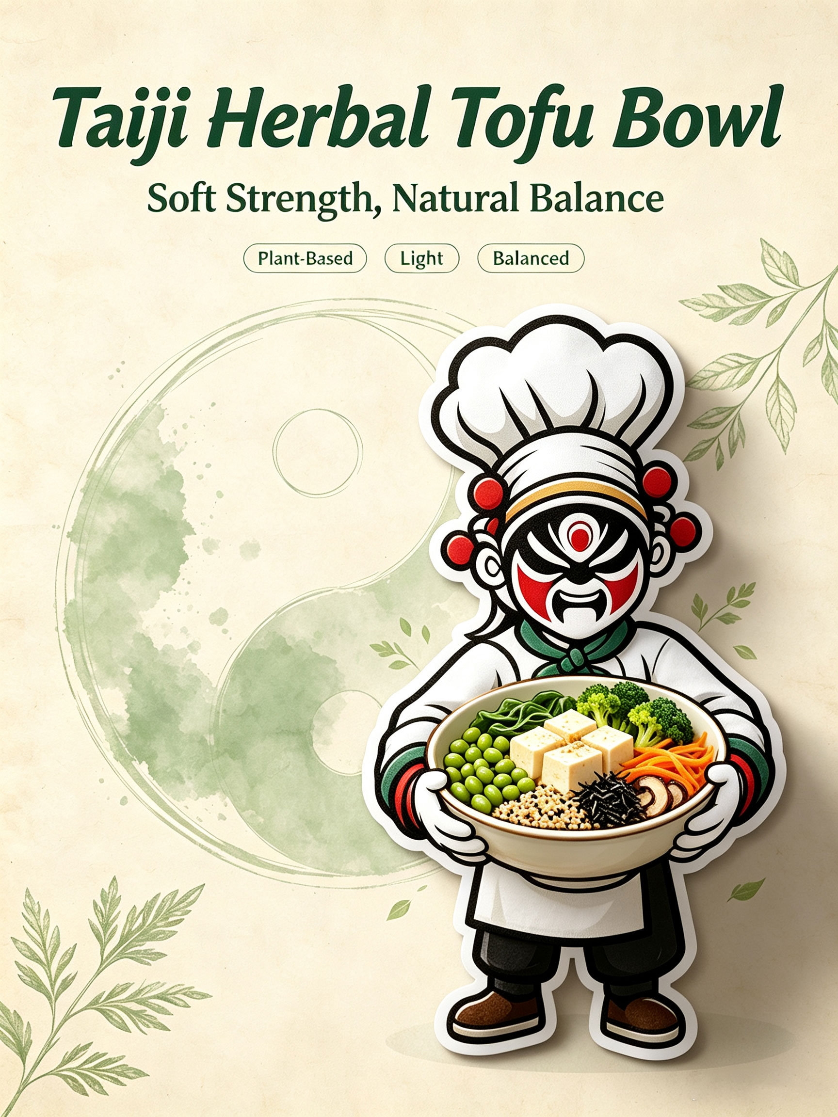 Herbal Ingredients — Fresh Greens, Silky Tofu, Plant Protein with Taiji martial arts chef character