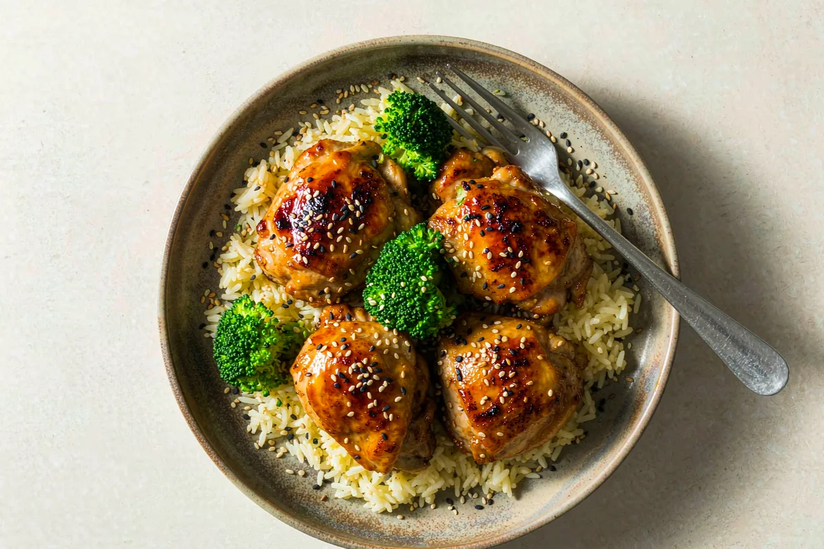 Honey garlic chicken bowl — seared chicken, broccoli and jasmine rice in a shallow bowl