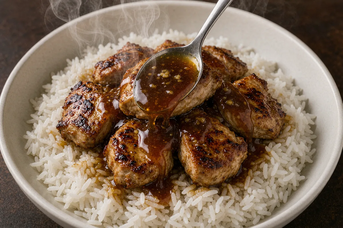 Honey-Garlic Chicken Bowl being plated in a shallow bowl