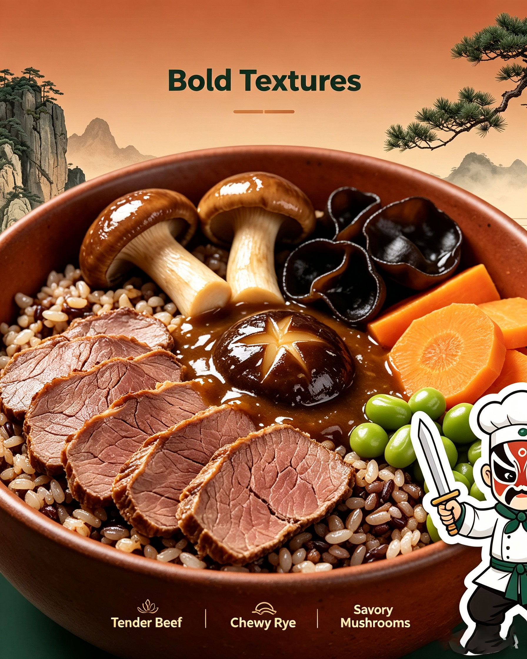 Huashan Rye Beef Bowl Bold Textures — Tender Beef Chewy Rye Savory Mushrooms Close Up Detail Shot