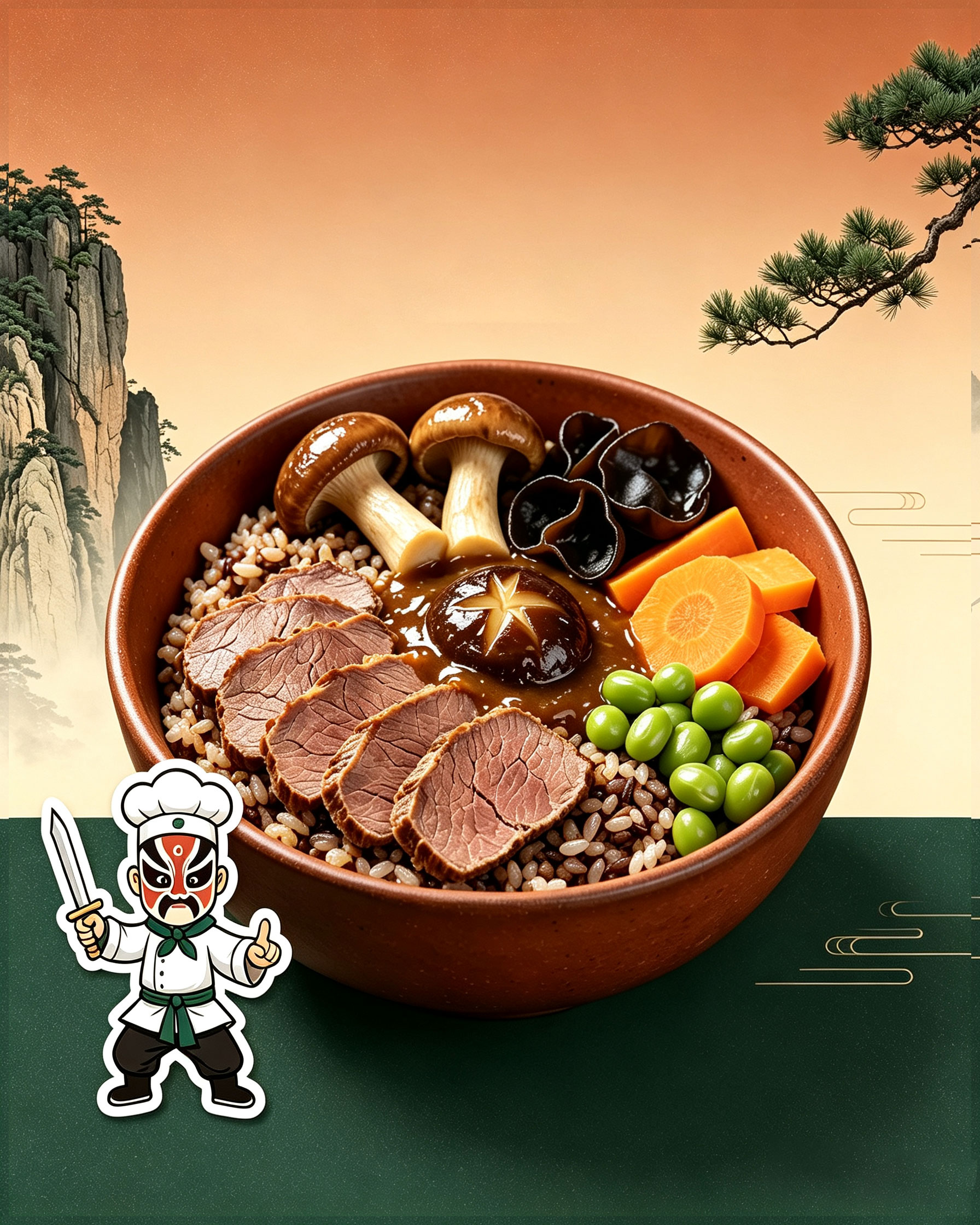 Kung Fu Huashan Rye Five-Mushroom Beef Bowl — High-Protein Sustained-Energy Martial Arts Strength Grain Bowl with Tender Beef Five Medicinal Mushrooms Chewy Rye Grains