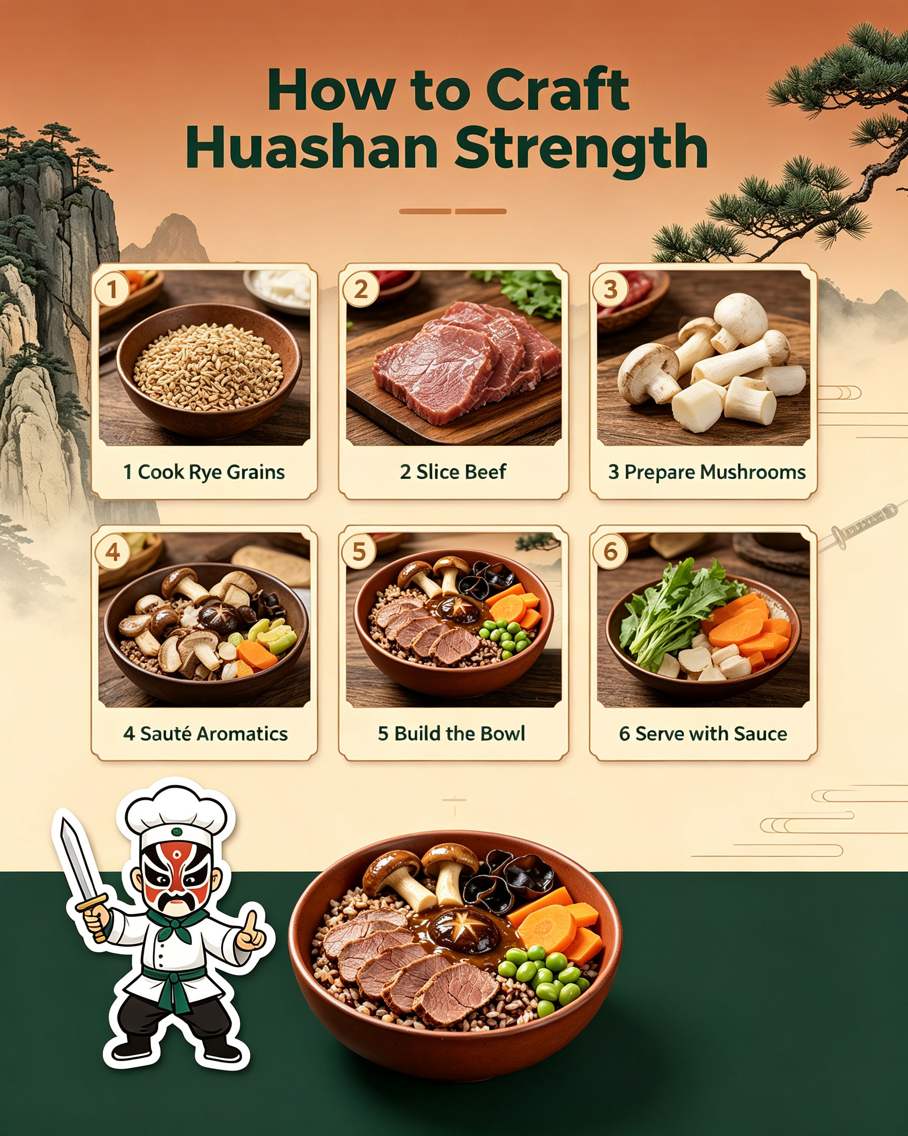 How to Craft Huashan Strength — Six Step Guide Cook Rye Grains Slice Beef Prepare Mushrooms Saute Aromatics Build the Bowl Serve with Sauce