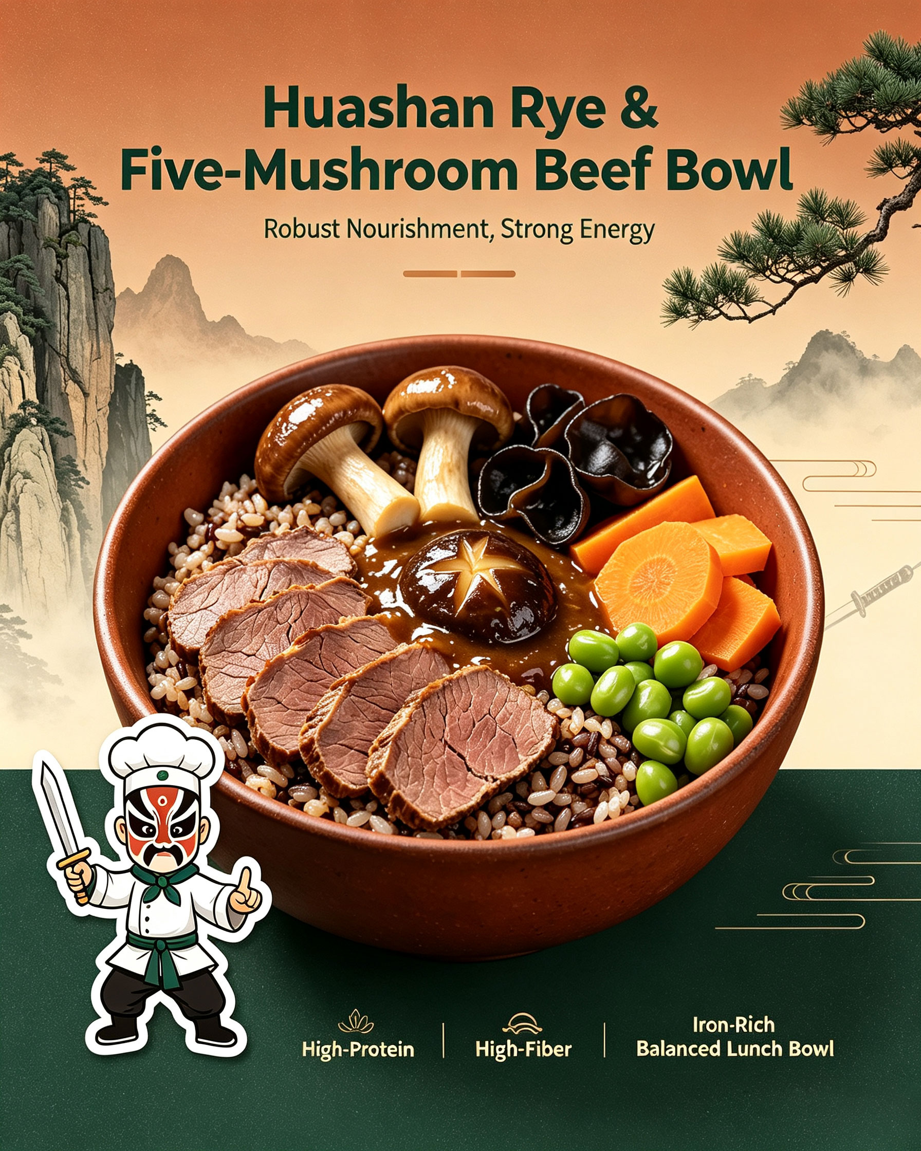 Huashan Rye Five-Mushroom Beef Bowl Title — Robust Nourishment Strong Energy High Protein High Fiber Iron Rich Balanced Lunch Bowl