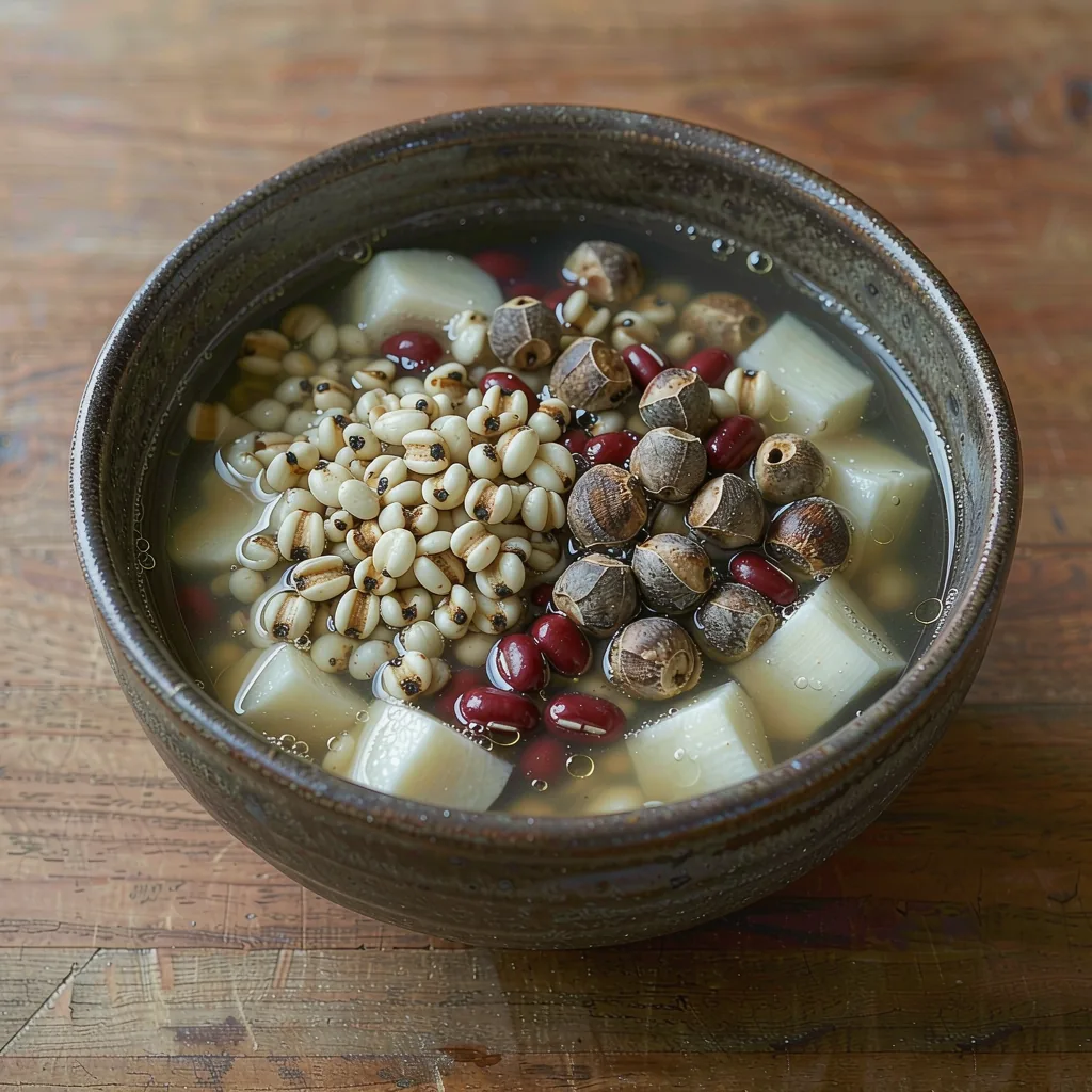 Job's Tears and Euryale Drain-Dampness Bowl — TCM detox grain bowl with job's tears, euryale, red adzuki beans and yam in a clear earthy broth