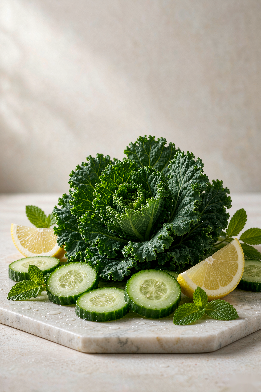 Fresh curly kale leaves with cucumber slices, lemon and mint