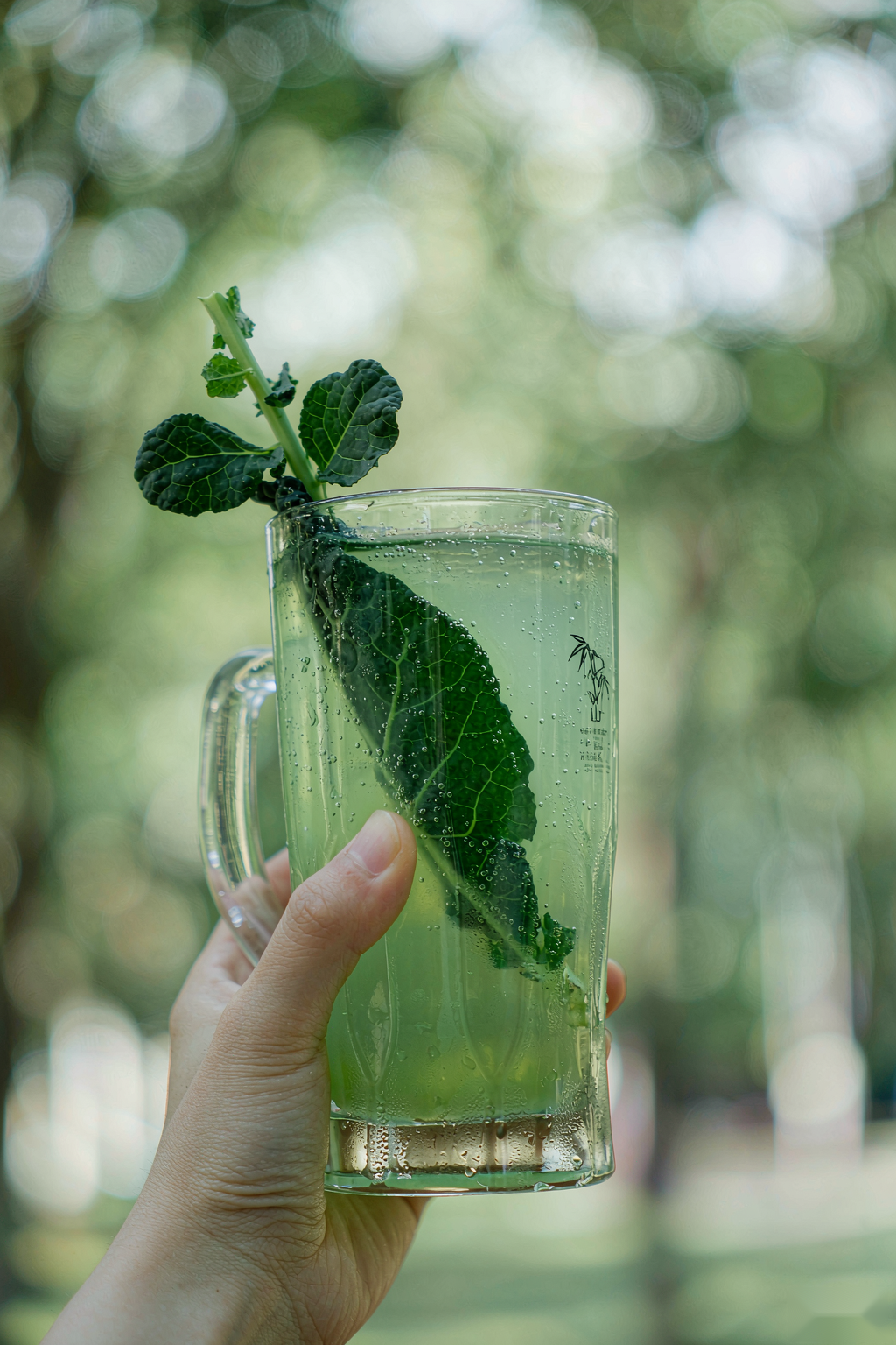 Hand holding a glass of Kale Sparkling Water in a sunny garden