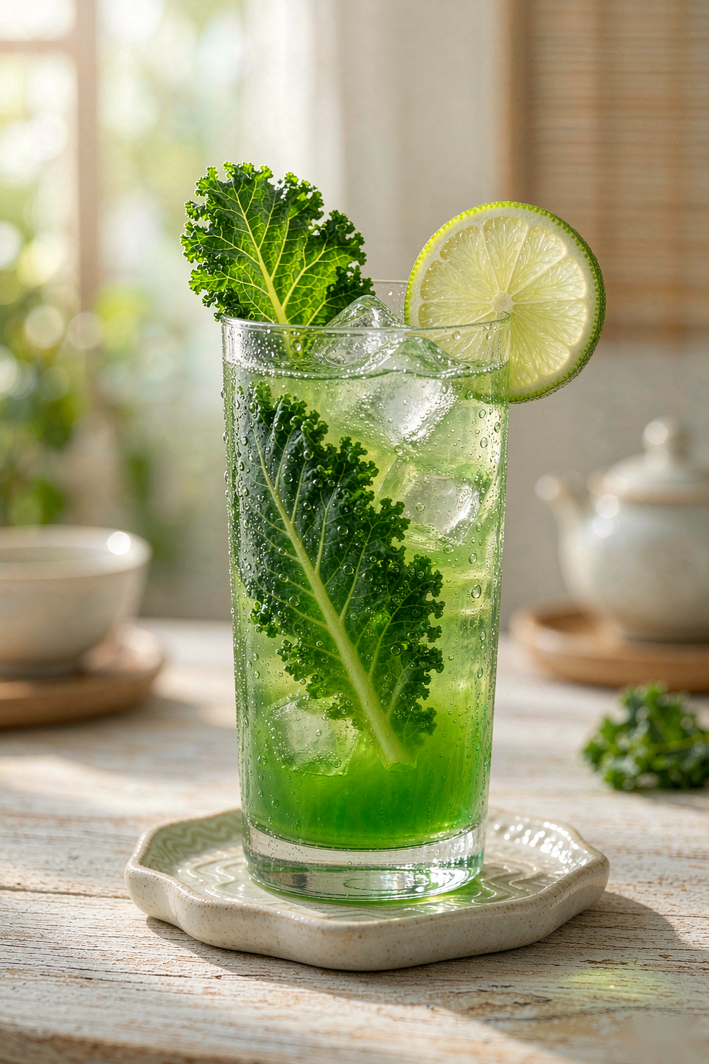 Kung Fu Kale Sparkling Water — vivid green kale detox drink with kale leaf and lime, bubbles rising