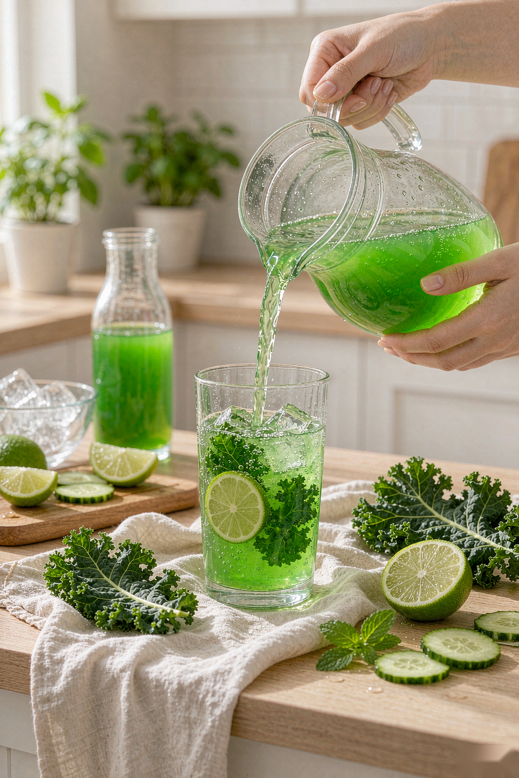 Making Kale Sparkling Water — pouring green juice from a pitcher into a glass with kale and lime