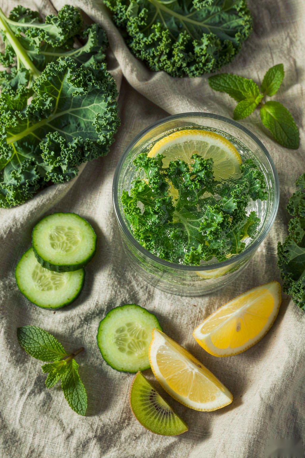 Kale Sparkling Water flat lay with kale leaves, cucumber slices and lemon