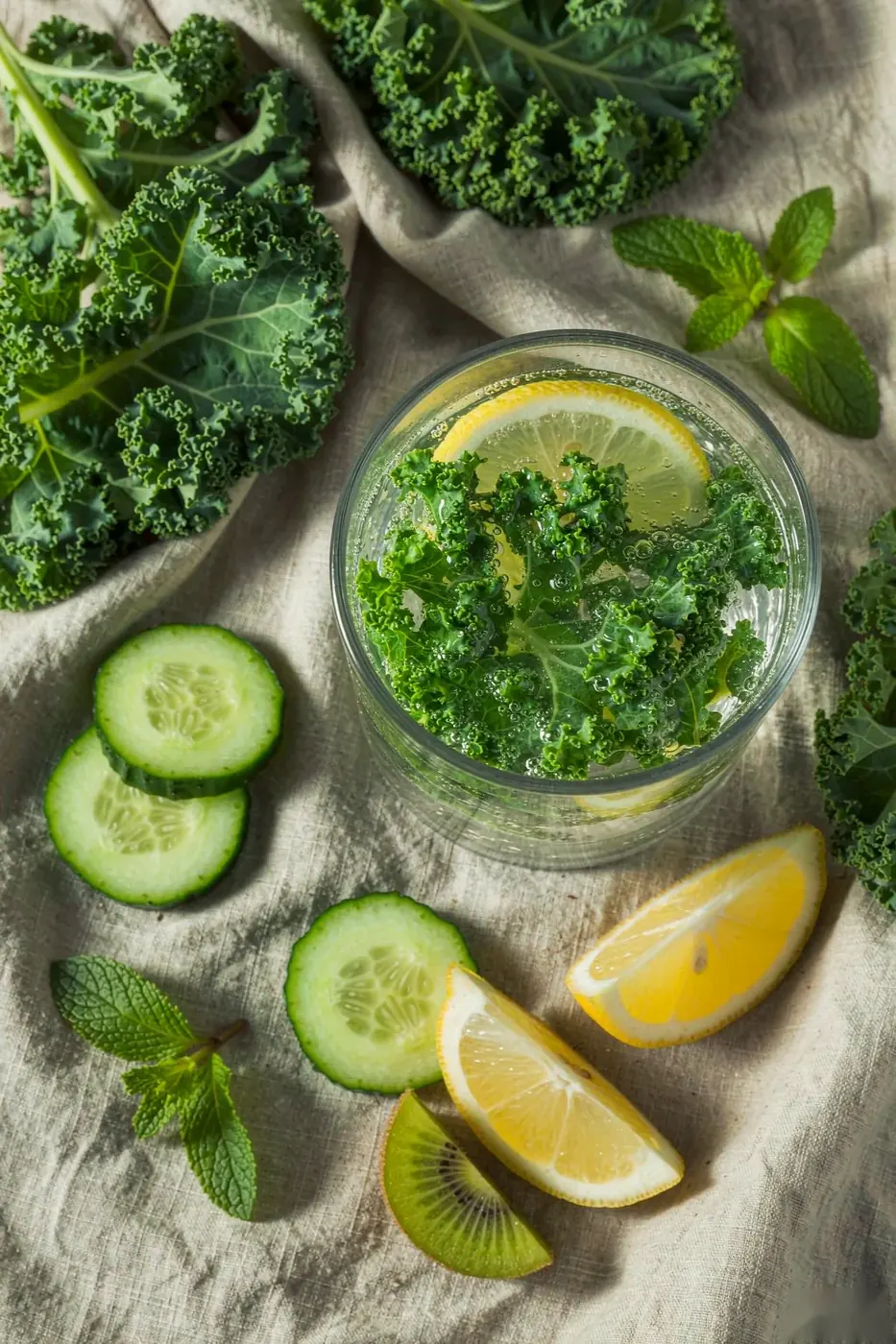 Kale Sparkling Water flat lay with kale leaves, cucumber slices and lemon