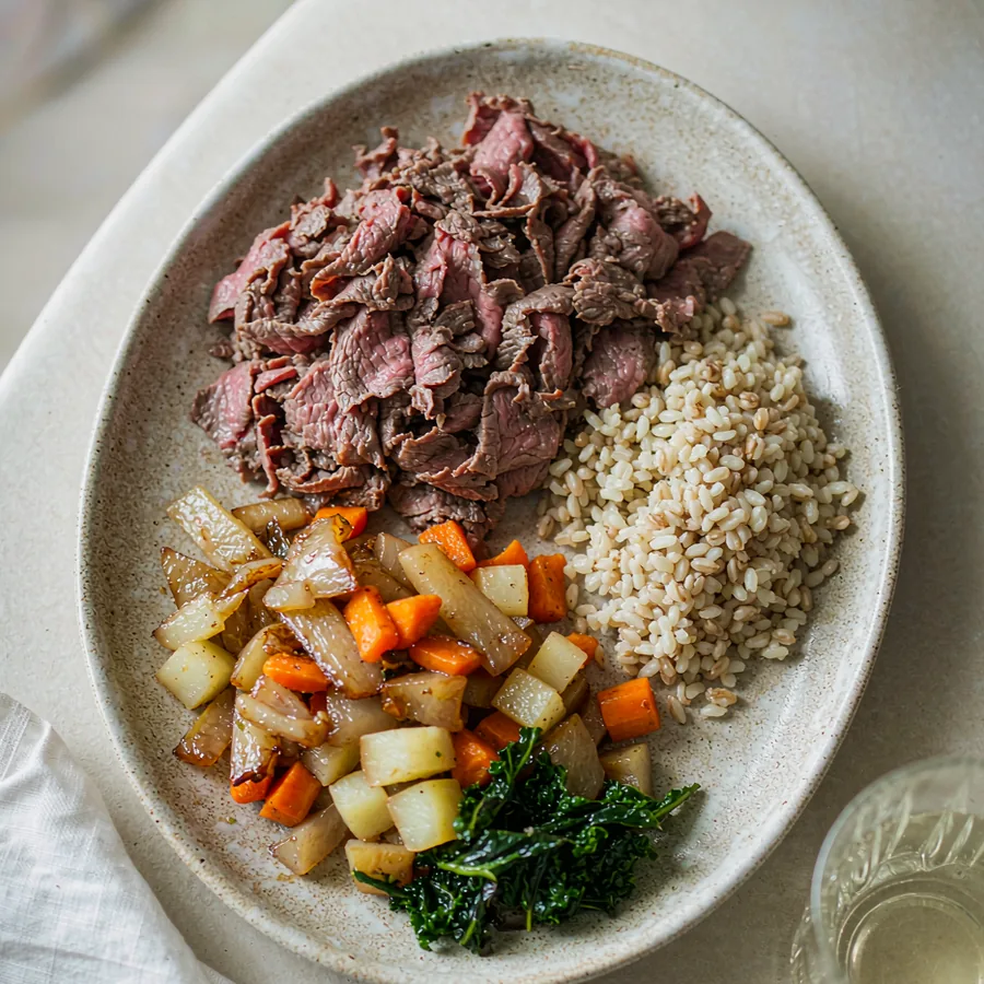 Beef Vegetable Grain Bowl with sliced beef, whole grains and roasted vegetables