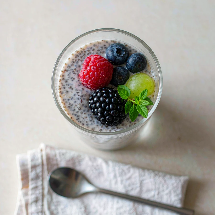 Chia seed pudding in a glass cup topped with fresh berries