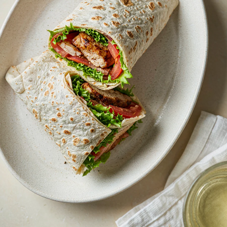 Grilled Chicken Power Wrap halves with fresh greens and tomato on a speckled stoneware plate