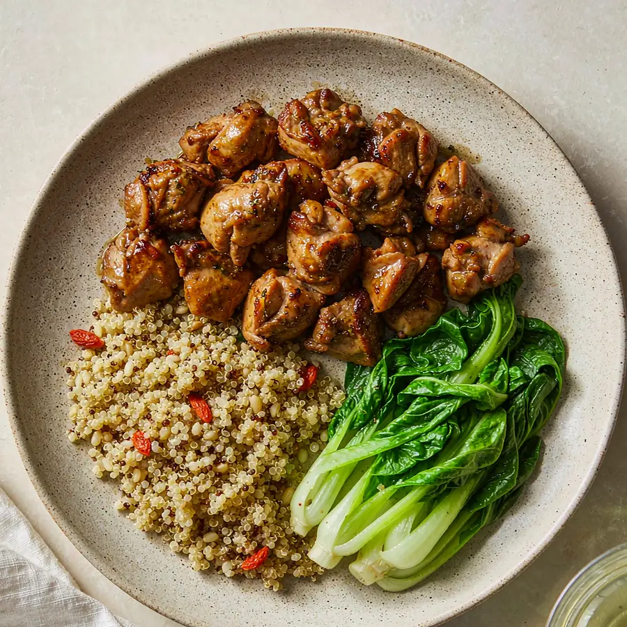 Herbal Braised Chicken Quinoa Bowl with goji berries and steamed greens