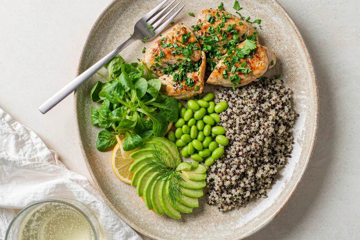 A high-protein lazy fat-loss bowl with grilled chicken, quinoa, edamame, avocado and leafy greens on a speckled stoneware plate