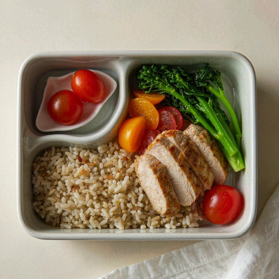 A divided ceramic bento tray with grilled chicken, brown rice, greens and cherry tomatoes
