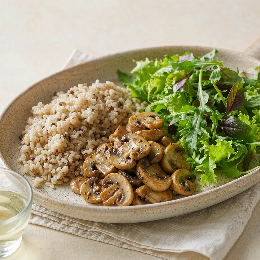 Mushroom Grain Bowl with sauteed mushrooms, whole grains and fresh greens