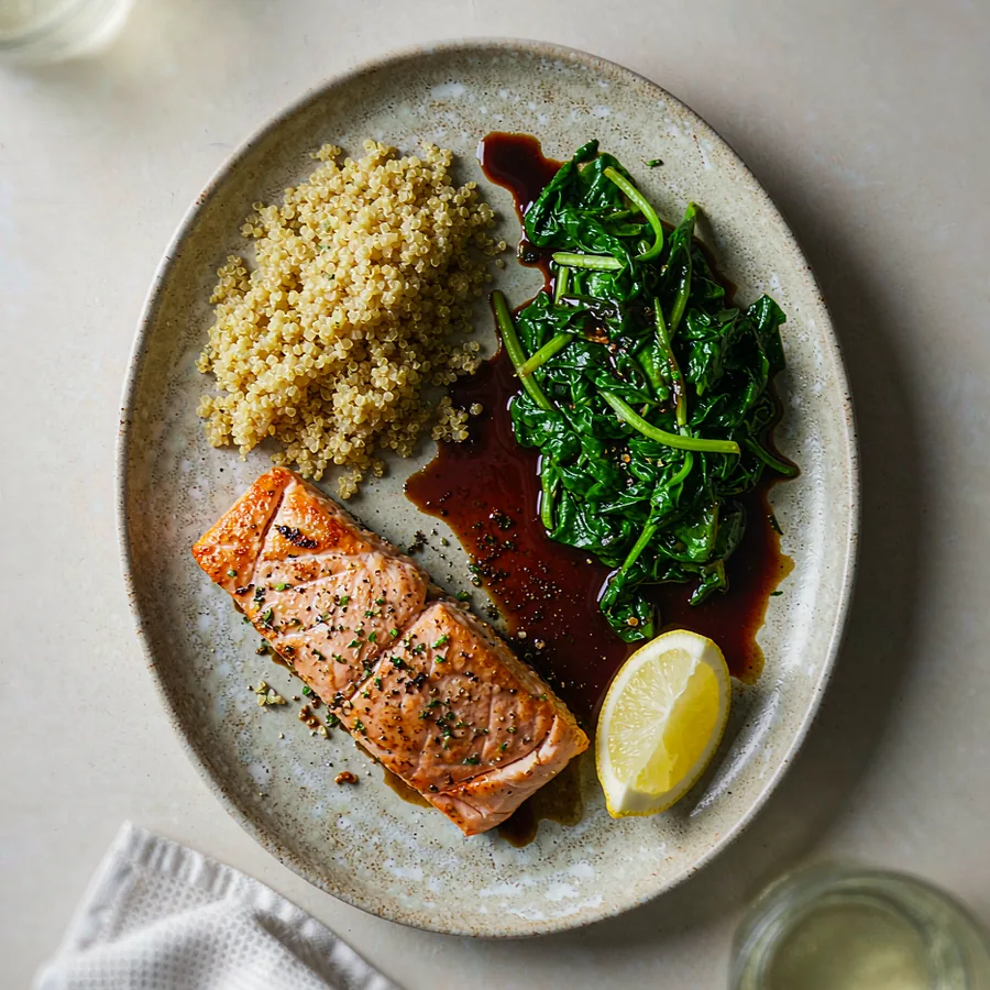 Salmon Quinoa Bowl with seared salmon, quinoa and greens on a speckled stoneware plate