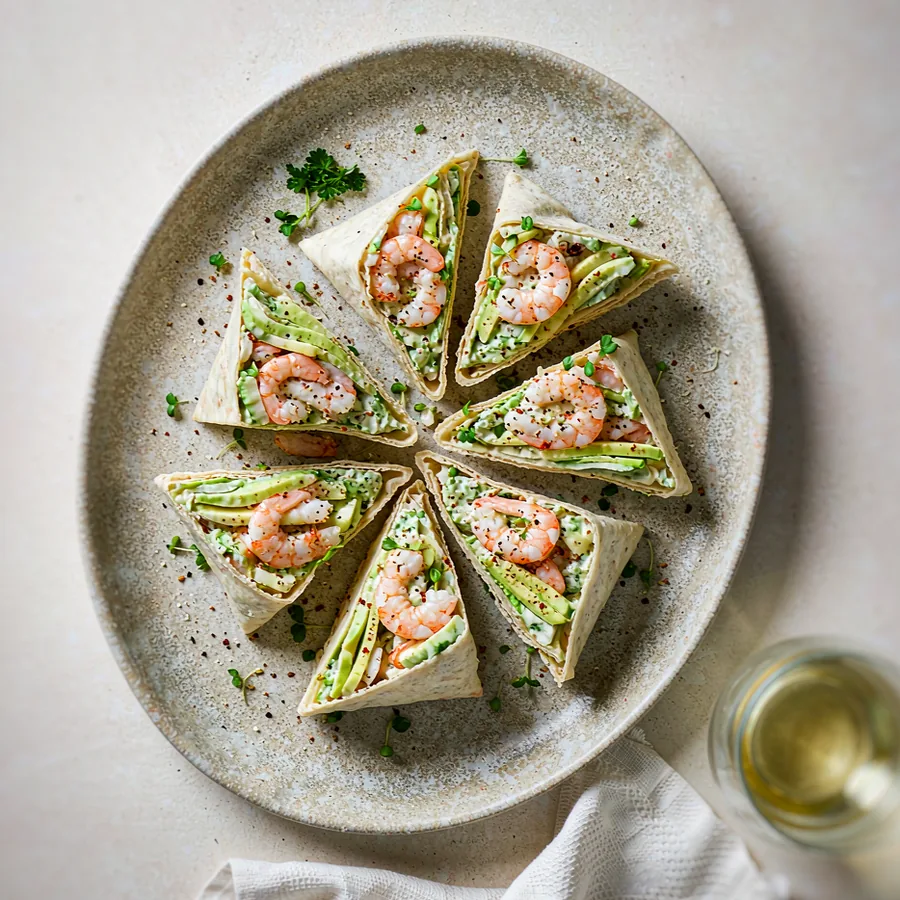 Shrimp Avocado Wrap halves with pink shrimp and creamy avocado
